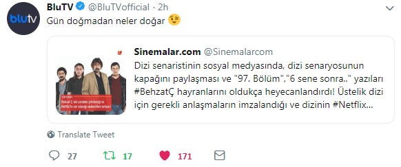 BluTV'nin resmi Twitter hesabından Sinemalar.com'un haberine verilen cevap, Behzat Ç'nin BluTV'yle anlaşmaya vardığı söylentilerini güçlendiriyor! BluTV'nin resmi Twitter hesabından Sinemalar.com'un haberine verilen cevap, Behzat Ç'nin BluTV'yle anlaşmaya vardığı söylentilerini güçlendiriyor!
